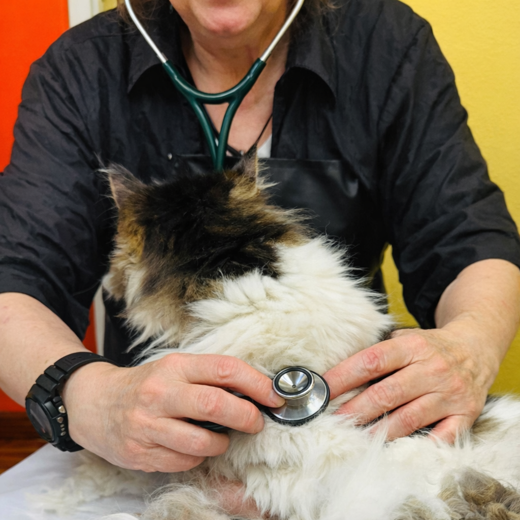 Medical-sensitive cat grooming support for a cat with a heart murmur using calm, behavior-first handling