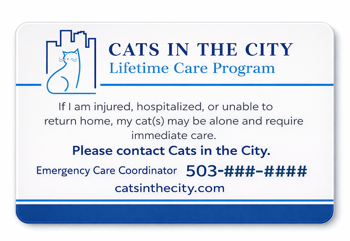 Cats in the City Lifetime Care Program emergency wallet card for cat guardians