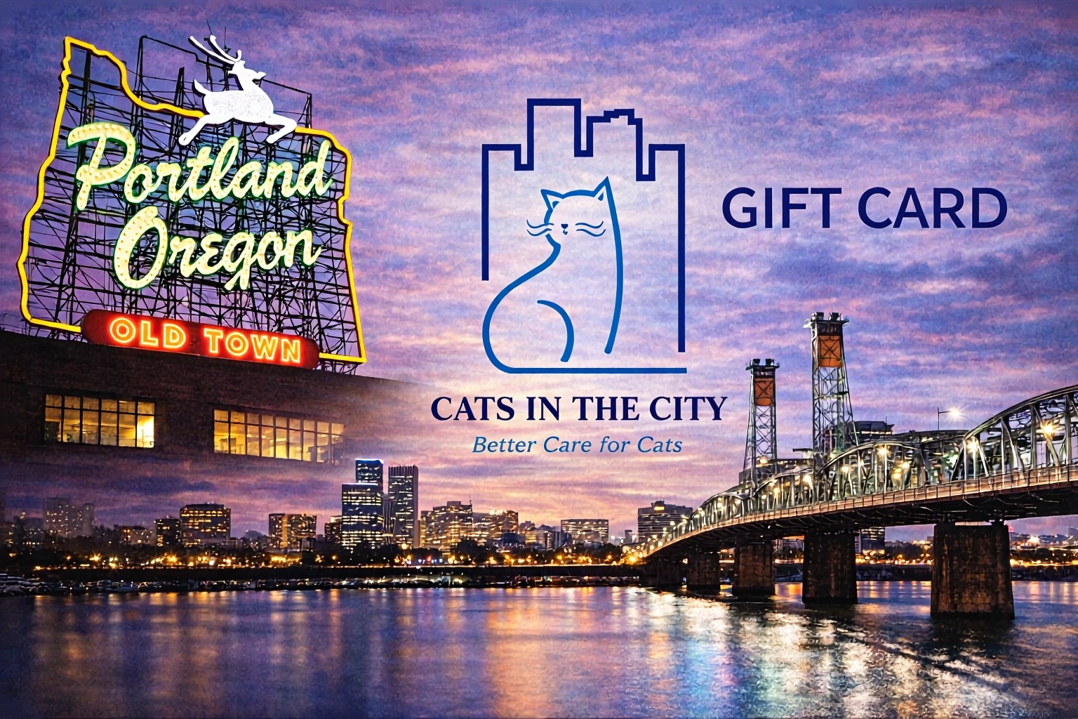 Cats in the City Portland skyline physical gift card design