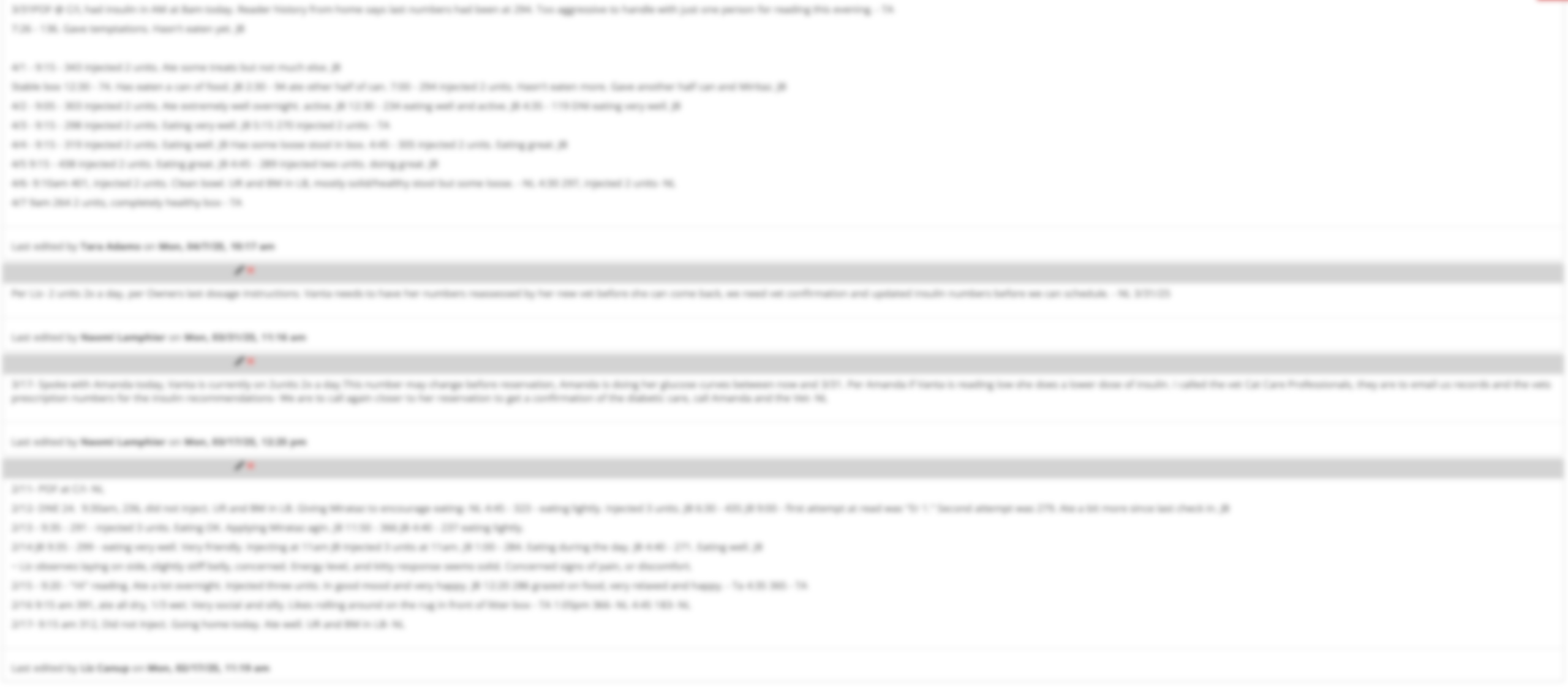 Blurred diabetic boarding chart log showing glucose readings and insulin decisions