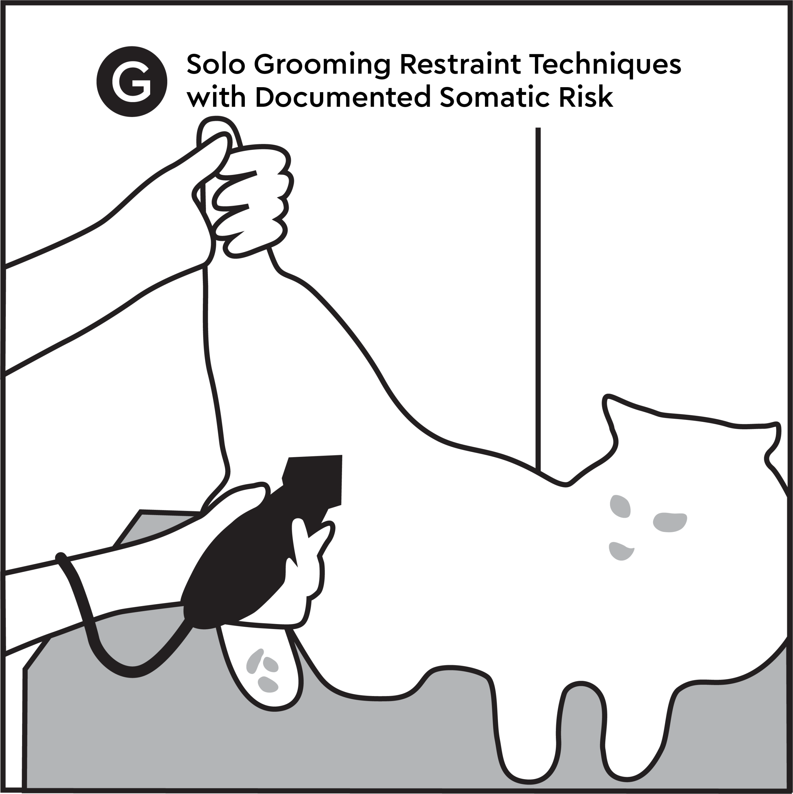 Solo grooming hold placing torsion and torque on feline joints