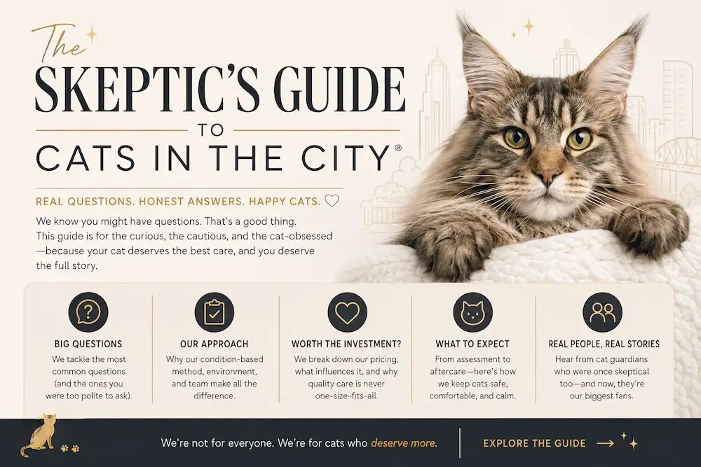 The Skeptic’s Guide to Cats in the City graphic featuring a cat and evidence-based answers about clinical cat grooming, safety, pricing, and care